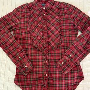 Ralph Lauren Women's Plaid Tartan Ruffle Button Down Shirt Size 4